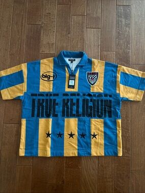 True Religion Blue & Yellow Striped Rugby Polo